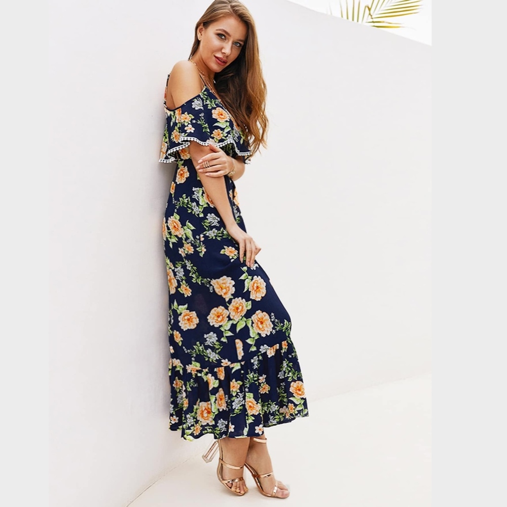 Navy Floral Cold Shoulder Ruffle Maxi Dress PomPom - Picture 4 of 7